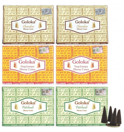 Assortiment d'encens "Top 3 Goloka" 60 cônes / 3 parfums : Patchouli, Santal et Nag Champa