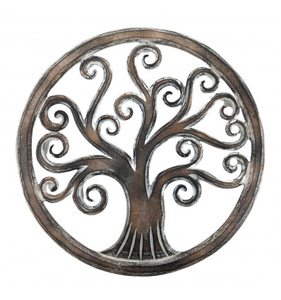 Wall decoration ø40cm Tree of life - Carved wood cerusé brown