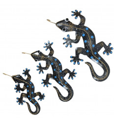 Trio of Geckos in Artisanal Wrought Iron - Blue color