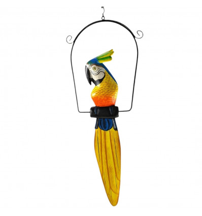 Perroquet en Bois 50cm sur perchoir à suspendre - Coloris Jaune et Bleu