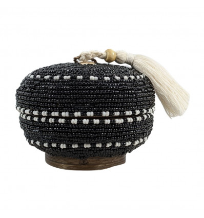 Small Round Jewelry Box ø10cm - Bamboo, Pompom and Black & White Pearls