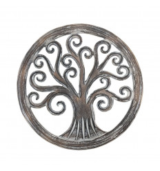 Wall decoration ø30cm Tree of life - Carved wood cerusé brown