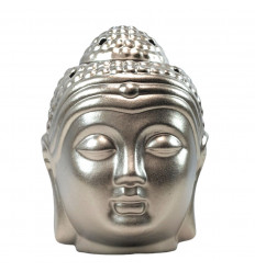 Bruciatore di profumo a testa Zen Buddha in ceramica argentata fatta a mano