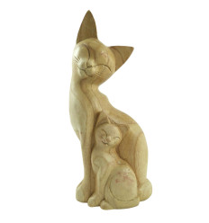 Hand carved tinted wood cat and kitten statue 32cm