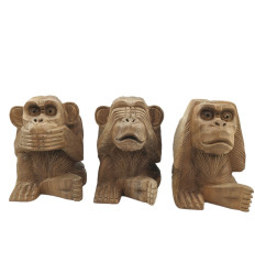 Les 3 singes de la sagesse 15cm - Statues en Bois Massif Naturel