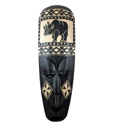 Masque africain motif rhinocéros en bois noir. Achat décoration rhino.