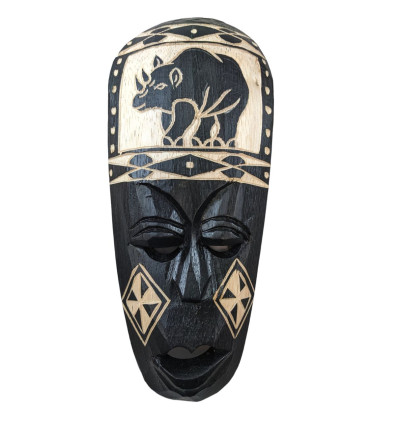 Maschera africana e rinoceronte in legno nero. Acquista la decorazione del rinoceronte.