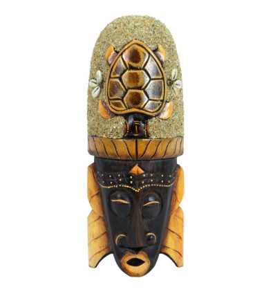 Masque Africain 30cm en bois décor Tortue sable et coquillages Cauris