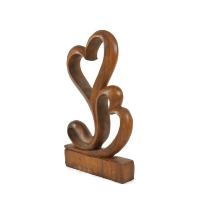 Hand Carved Natural Suar Wood Heart Statuette - Two Loves in Brown