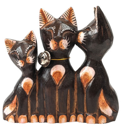 Famiglia di 3 gatti - Statuette di legno intagliate e dipinte a mano