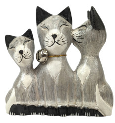 Family of Grey Cats - Hand Carved and Painted Wooden Statuettes
