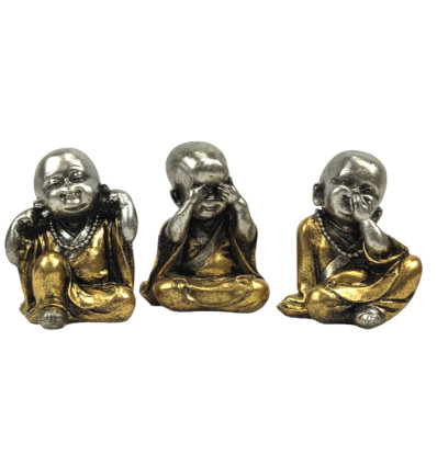 Monaci buddisti: 3 statuette di Buddha bambino in resina d'oro e argento