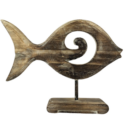 Large Fish Statue in Patinated Wood 50cm Spiral Pattern