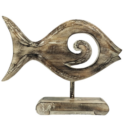 Large Fish statue in patinated wood 30cm spiral pattern