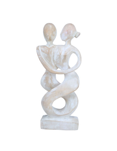 Statue abstraite Couple Danseurs Complice 30cm en bois Blanc Cérusé