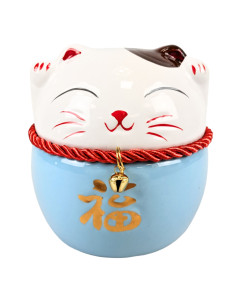 Maneki Neko Porcelain Cat Money Box - Blue and White