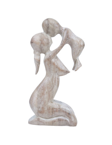 Statue abstract Mother and Baby h20cm solid wood carved hand color white brushed