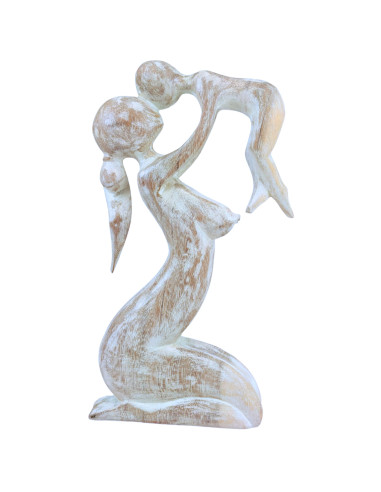 Abstract Statue Mother and Baby h30cm solid wood Patina white