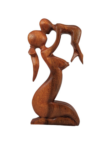 Statue abstraite Maman et Bébé 30cm en bois Teinté