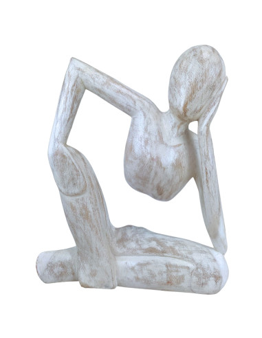 Statue abstraite "Le Penseur" 30cm en bois Blanc Cérusé