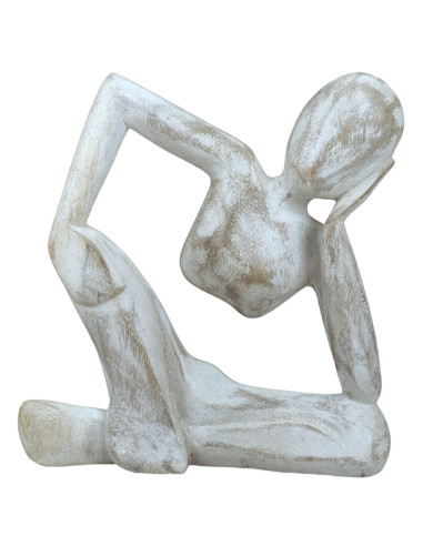 Statue abstraite "Le Penseur" 20cm en bois Blanc Cérusé