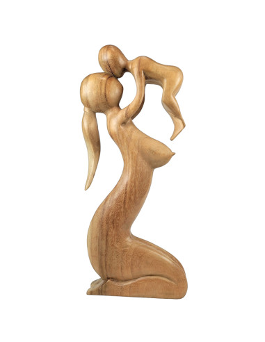 Statue abstraite Maman et Bébé 50cm en bois Brut