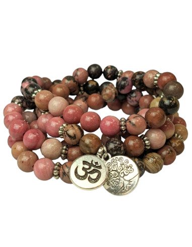 Mala 108 Rhodonite Beads - Om and Tree of Life Symbols