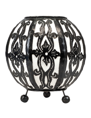 Lampe de chevet  style lanterne marocaine en fer forgé noir et tissu blanc ⌀15cm. À équiper