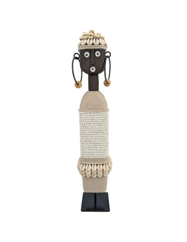 white Namji fertility doll decorated with pearls and shells, front, on a white background.