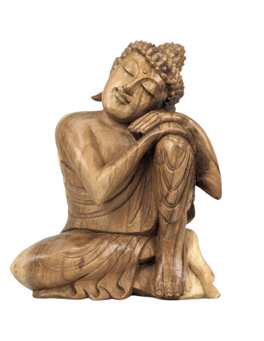 Statue de Bouddha assis 30cm - Bois massif brut sculpté main.