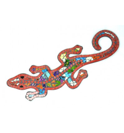 Gecko Margouillat Salamandre mural 60cm mosaique de verre rouge multicolore